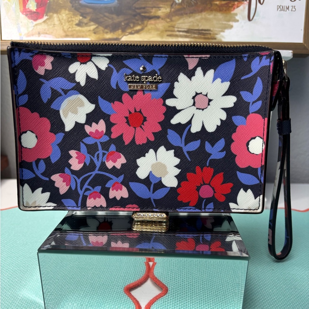 kate spade Navy Floral Wristlet Clutch with Pink, Red & White Blooms